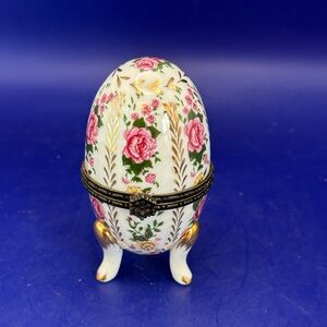 Vintage Porcelain Egg-Shape Trinket Box with Hinged Lid and Gold Accents